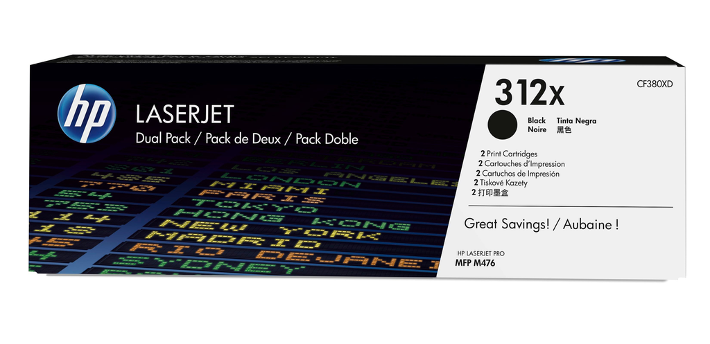 [CF380XD] Pack de 2 toners HP 312X / CF380XD noir XL, 2 x 8 800 pages