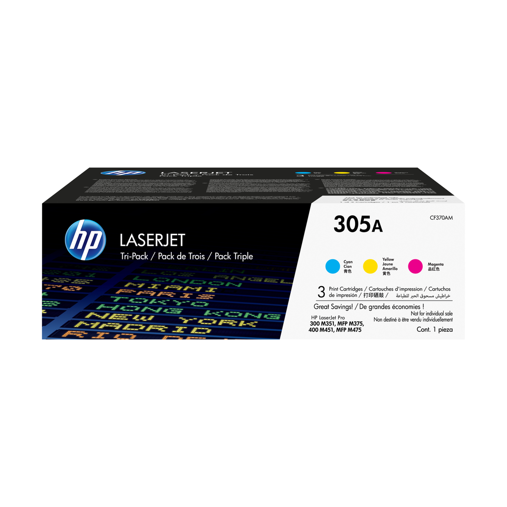 Pack de 3 toners HP 305A / CF370AM 3 couleurs, 2 600 pages