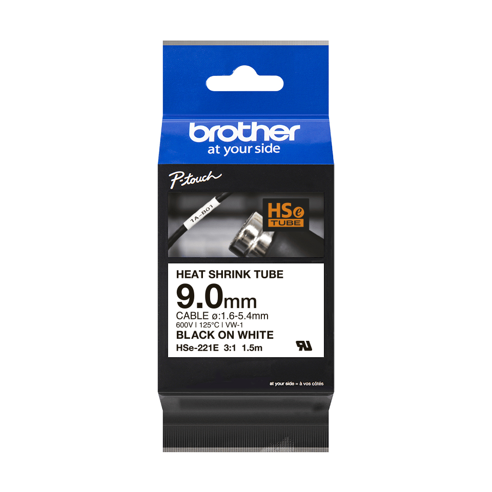 Brother HSe-221E / HSE221E heat shrink tube, black on white, 9.0 mm x 1.5 m