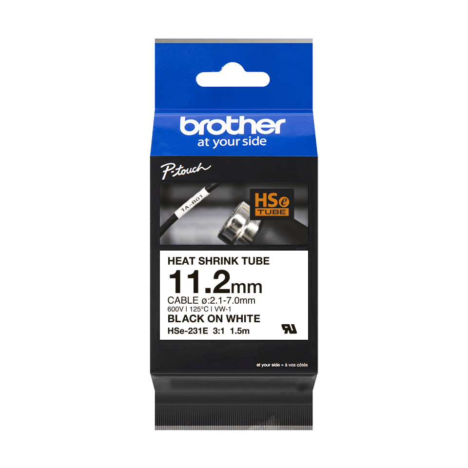 Brother HSe-231E / HSE231E heat shrink tube, black on white, 11.2 mm x 1.5 m