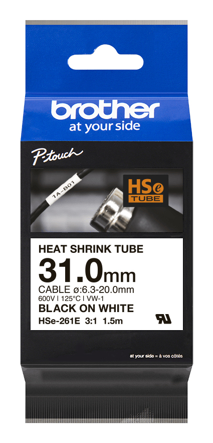 Brother Schrumpfschlauch HSe-261E / HSE261E, schwarz auf weiß, 31,0 mm x 1,5 m