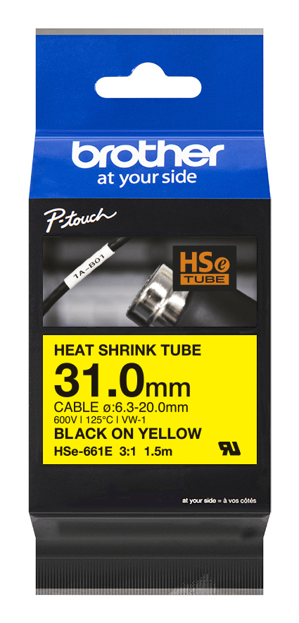 [HSE661E] Gaine thermorétractable Brother HSe-661E / HSE661E, noir sur jaune, 31,0 mm x 1,5 m