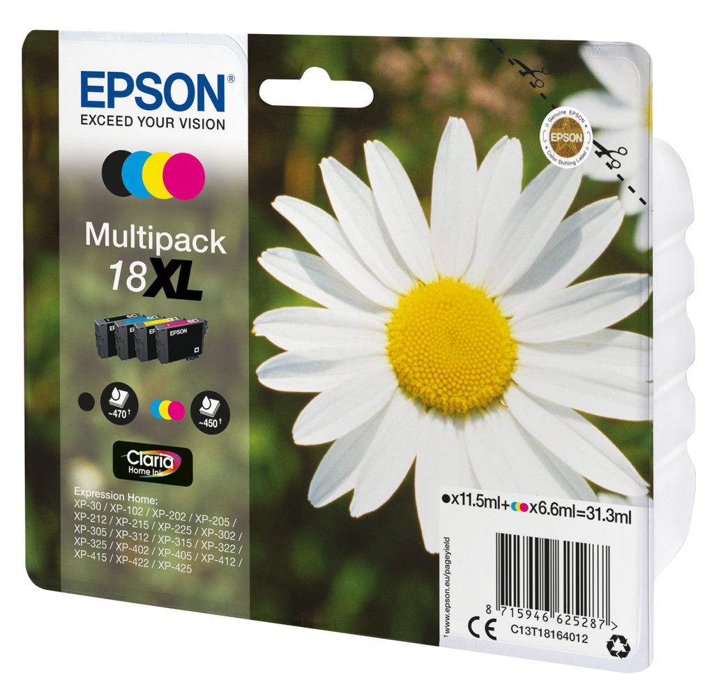 Tintenpatrone Epson 18XL / C13T18164012 4 Farben XL, 470 Seiten