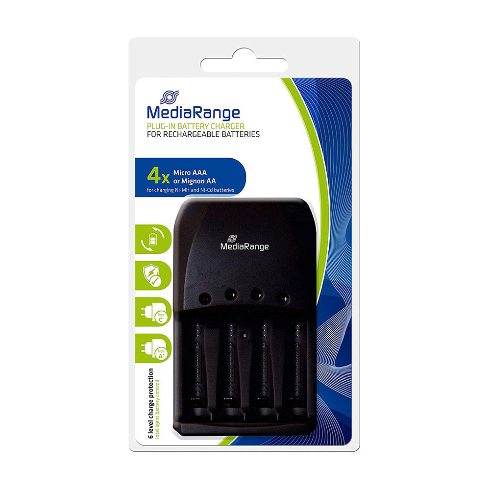 [MRBAT191] Chargeur de piles 4 emplacements MediaRange MRBAT191, AA / AAA, noir