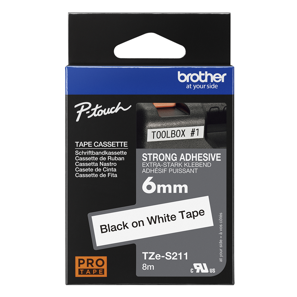 Brother TZe-S211 / TZES211 strong adhesive tape, black on white, 6 mm x 8 m