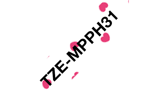 Ruban à motifs Brother TZe-MPPH31 / TZEMPPH31, noir sur motif cœurs roses, 12 mm x 4 m