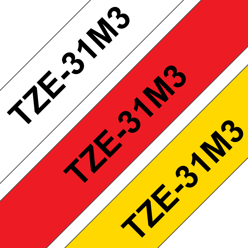 [TZE31M3] Ruban laminé Brother TZe-31M3 / TZE31M3, noir sur rouge, blanc et jaune, 12 mm x 8 m (3 cassettes)