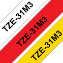Brother Schriftband laminiert TZe-31M3 / TZE31M3, schwarz auf rot, weiß und gelb, 12 mm x 8 m (3 Kassetten)