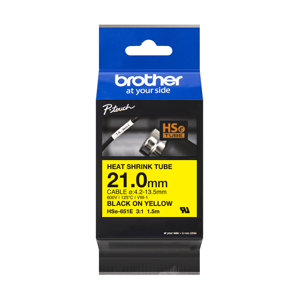 Brother HSe-651E / HSE651E heat shrink tube, black on yellow, 21.0 mm x 1.5 m
