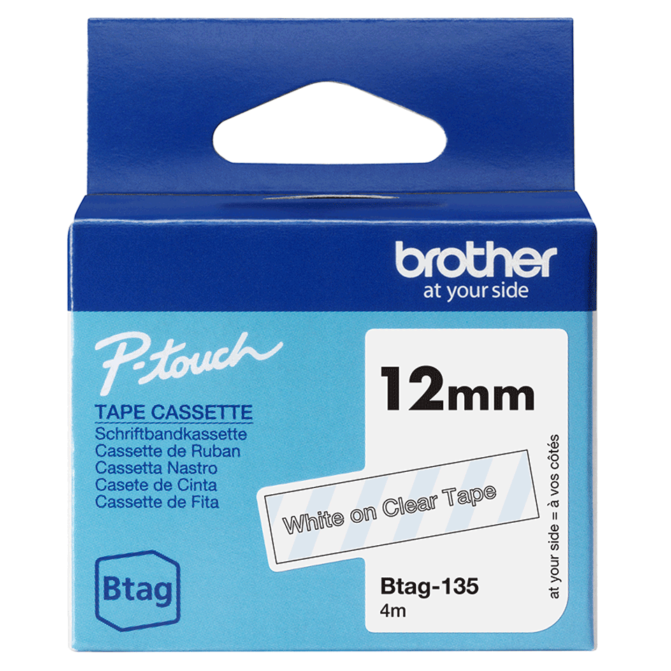 Ruban non laminé Brother BTAG-135 / BTAG135, blanc sur transparent, 12 mm