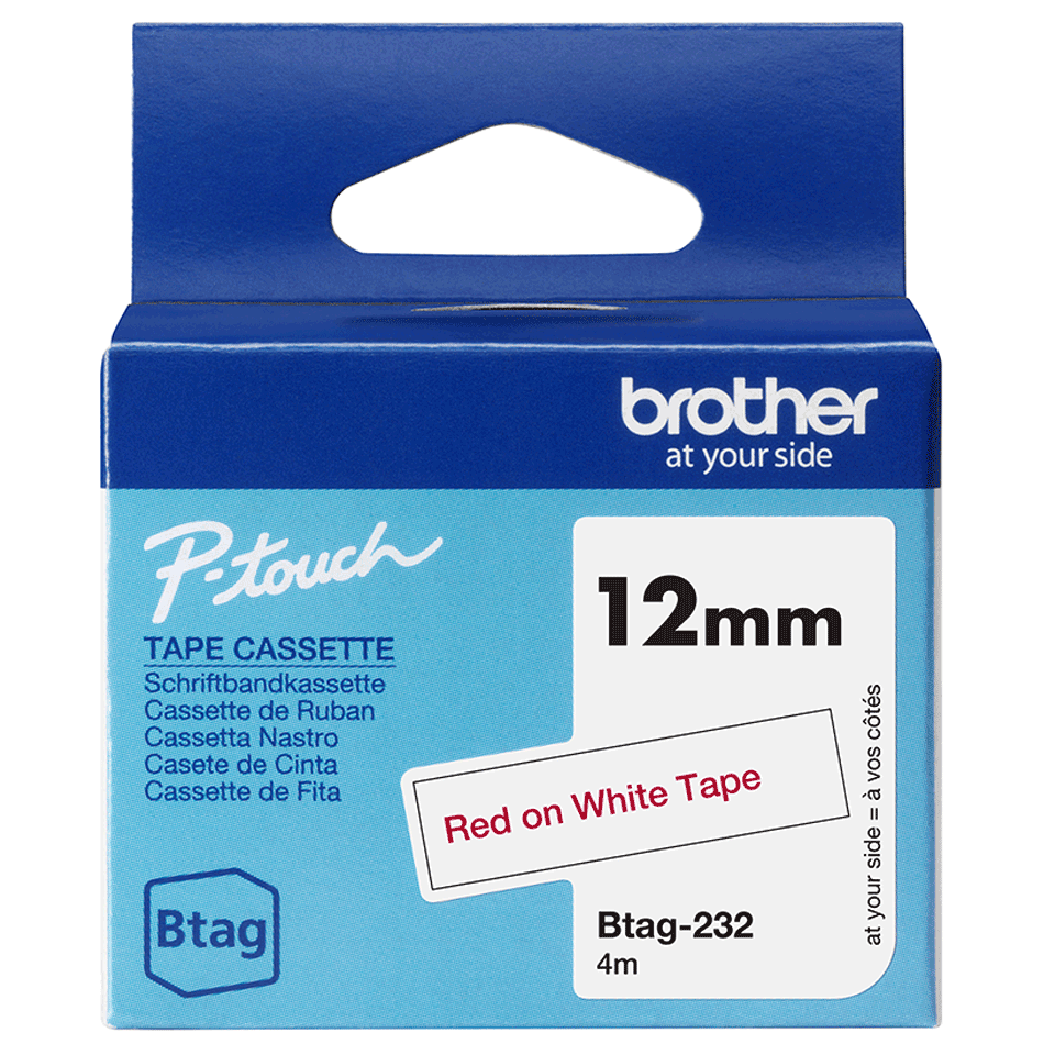 Brother Schriftband unlaminiert BTAG-232 / BTAG232, rot auf weiß, 12 mm