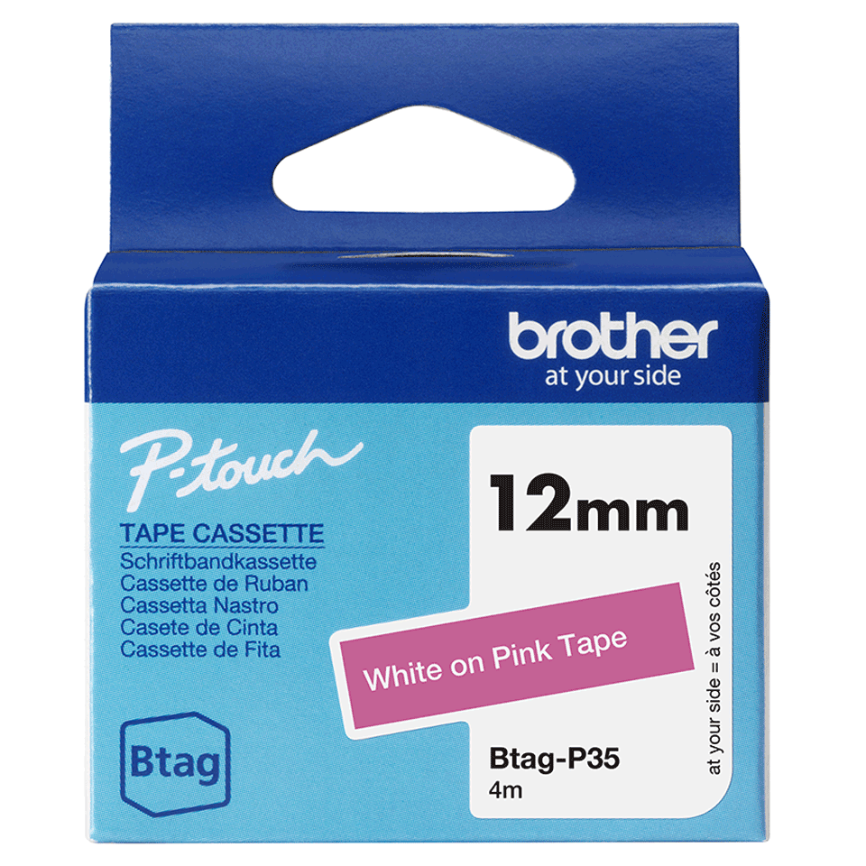 Brother Schriftband unlaminiert BTAG-P35 / BTAGP35, weiß auf rosa, 12 mm