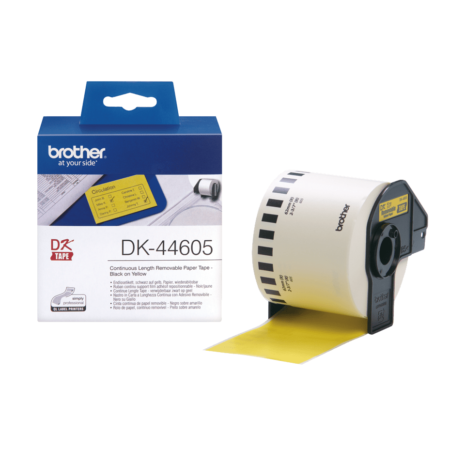 Brother DK-44605 / DK44605 continuous removable paper roll, black on yellow, 62 mm x 30.48 m